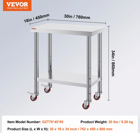 Vevor 30x18x34 Inch Stainless Steel Work Table 3-Stage Adjustable Shelf with 4 Wheels