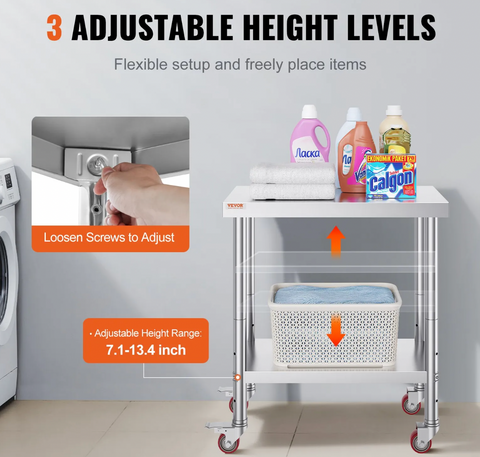 Vevor 30x18x34 Inch Stainless Steel Work Table 3-Stage Adjustable Shelf with 4 Wheels