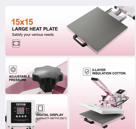 Vevor 15x15 Heat Press Pink