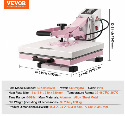 Vevor 15x15 Heat Press Pink